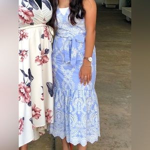 Blue sleeveless fit and flare dress with embroidered detailing. Size 0